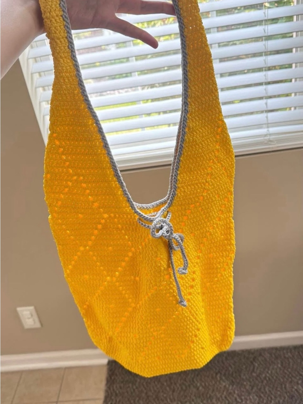 Yellow Crochet Shoulder Bag with Contrast Trim
